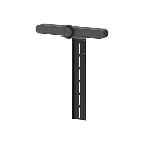 Eine schwarze Videokonferenz-Soundbar mit Kamera, montiert an einer schwarzen Halterung. Hintergrund ist weiß.