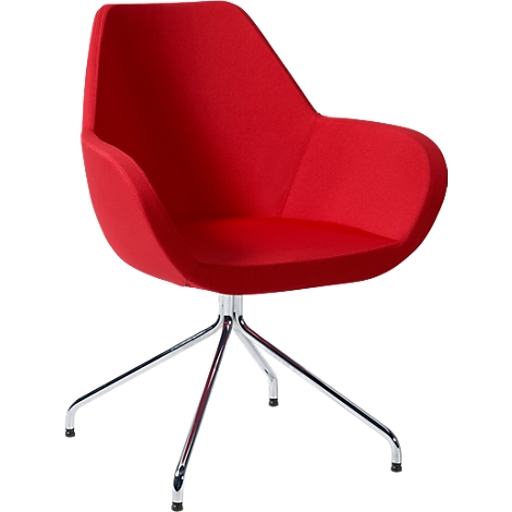 Red shell chair with chrome-plated base.