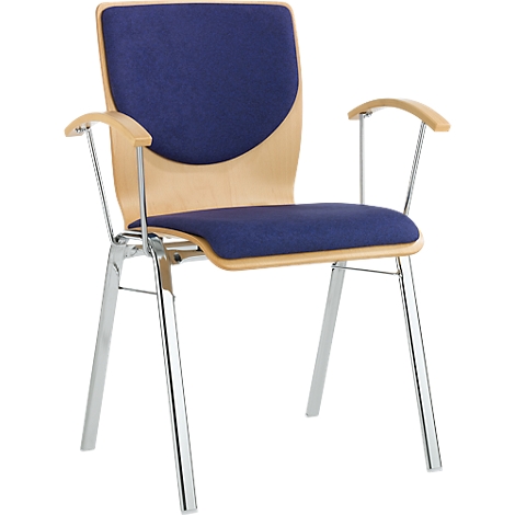 Chair with wooden back, dark blue seat and backrest, chrome legs and armrests.