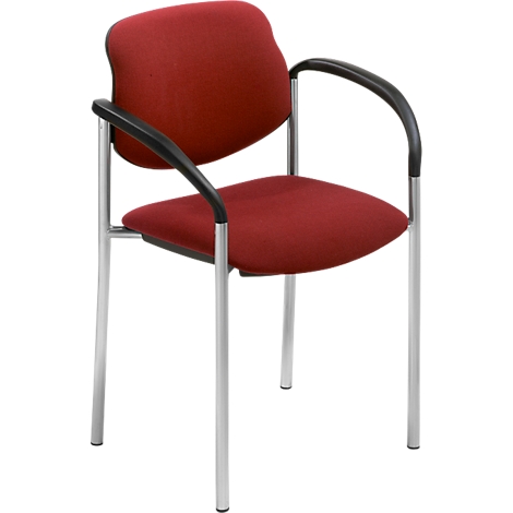 Red office chair with armrests and silver legs.