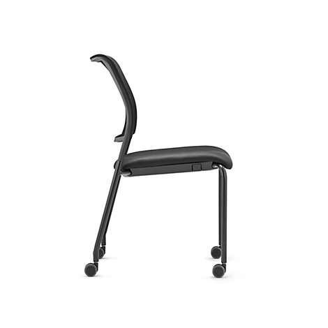 Black office chair with castors, side view.