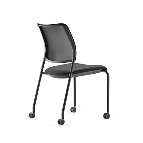 A black chair with wheels on a white background. The chair has a mesh back and a seat.