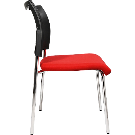 Red chair with black back and silver legs, side view.