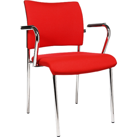 Red office chair with armrests, chrome legs, and black finish.