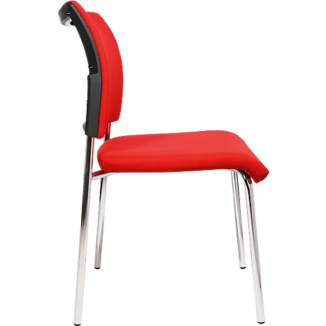 Red chair with chrome frame. Backrest and seat are upholstered. The backrest has a black plastic trim.