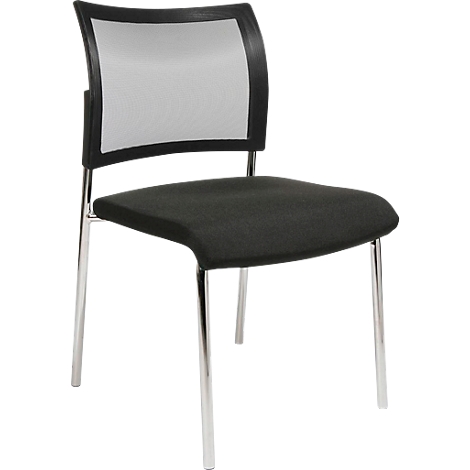 Black chair with mesh back, black seat, and chrome legs. Chair stands isolated against a white background.