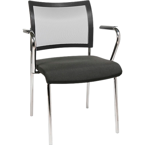 Black office chair with mesh back and silver legs. Armrests are present.