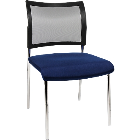 Chair with blue seat and mesh back on metal legs.