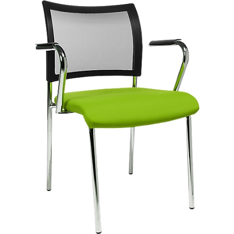 Green office chair with armrests and mesh back, silver legs.