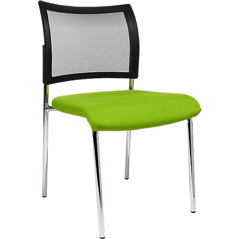 A green chair with a black mesh back and chrome legs. The design is modern and simple.