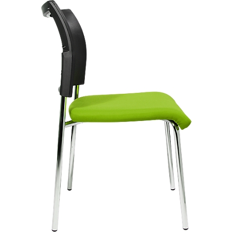 A green chair with a black back and silver legs, side view.
