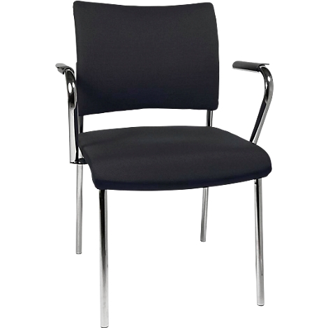 Black chair with armrests, chrome frame. The chair has a square back and a padded seat.