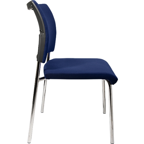 Blue chair with silver legs. The backrest is curved, the seat is square.
