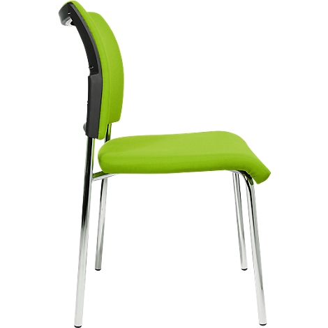 Green office chair with chrome legs in profile. Backrest and seat in light green, black details.