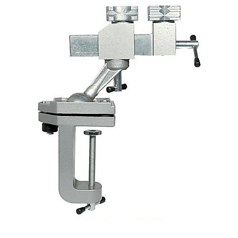 Outil en métal, serre-joint avec tête rotative, de couleur argent.
