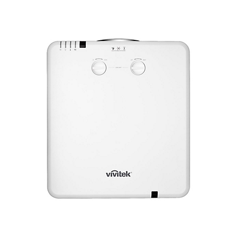 Weiße Gehäuseoberseite eines Vivitek Projektors mit zwei Drehreglern für Lens-Shift und Status-LEDs.