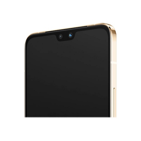 Nahaufnahme eines goldenen Smartphones. Die schwarze Vorderseite zeigt die Kamera.