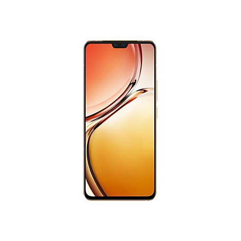 Smartphone-Frontansicht vor weißem Hintergrund. Das Display zeigt eine abstrakte, gold-orangefarbene Darstellung.