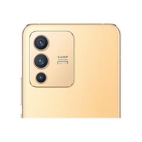 Nahaufnahme des goldfarbenen Smartphone-Rückens mit Dreifachkamera. Text: 64MP Triple-Cam.