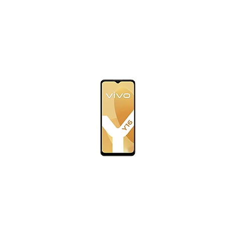 Smartphone Vivo Y16 mit großem Bildschirm. Auf dem Display ist das Vivo Logo, Y16 Schriftzug, und gelbe Verzierungen abgebildet.