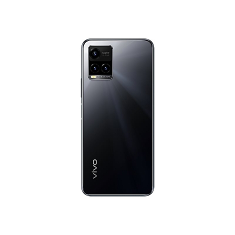 Schwarzes Smartphone, Rückseite, silberner Rahmen. Vierfach-Kamera, Logo „vivo“.