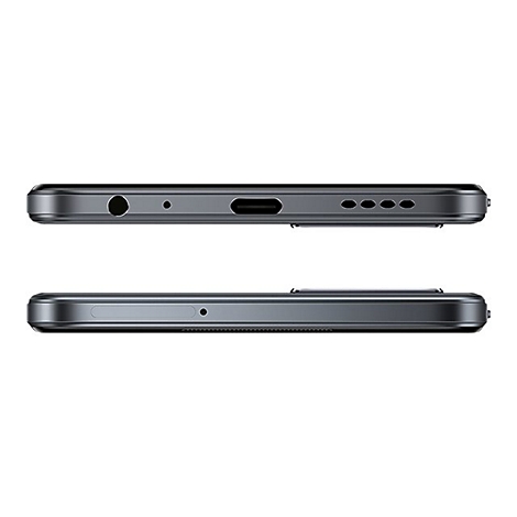 Detailaufnahme eines schwarzen Smartphones von der Seite, mit verschiedenen Anschlüssen und Öffnungen. Oben: Kopfhöreranschluss, Mikrofon, USB-C-Anschluss, Lautsprecher. Unten: Mikrofon.