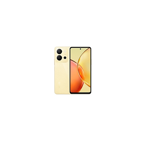 Beige Smartphone mit drei Kameras, Blick auf Vorder- und Rückseite.