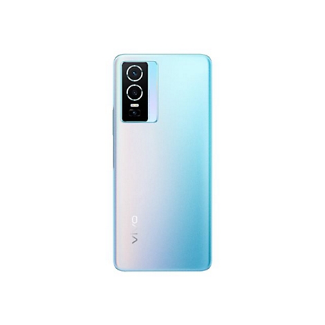Hellblaues Smartphone von hinten; drei Kameras, VIVO Logo.