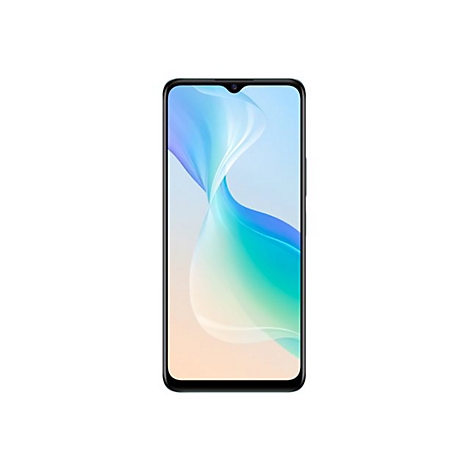 Smartphone-Frontansicht mit abgerundeten Ecken auf weißem Hintergrund. Der Bildschirm zeigt ein blau-grünes, abstraktes Design.