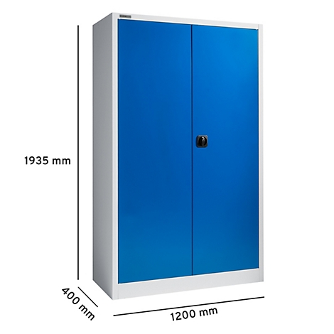 Blauwe kast met twee deuren, afmetingen: 1935 x 1200 x 400 mm. Zwarte handgreep, wit frame.