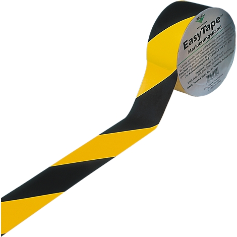 Rol gele en zwarte markeringstape, met de tekst "EasyTape."
