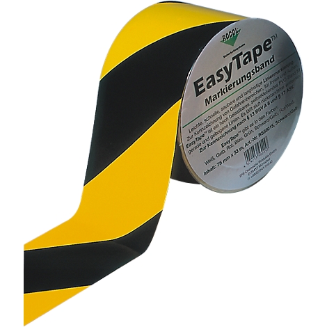 Gerolde gele en zwarte markeringstape rol met de inscriptie "EasyTape".