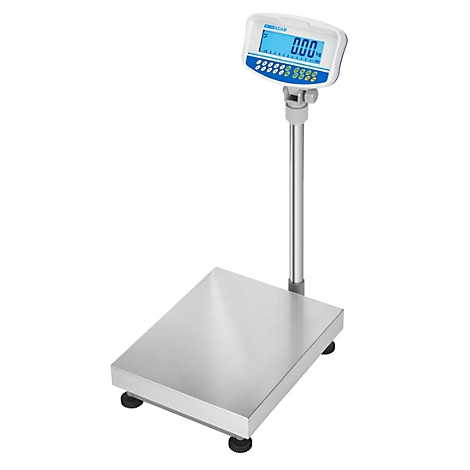 Digitale weegschaal met display: 0,00. Roestvrijstalen platform, wit display. Vier zwarte voetjes.