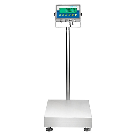 Digitale weegschaal met display: 0.000. Display met blauwe en groene accenten, gemonteerd op een zilveren standaard.