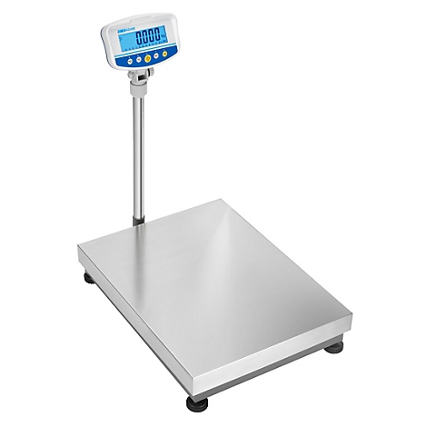 Digitale weegschaal met display: 0.0000. Rechthoekig roestvrijstalen weegoppervlak, display op een standaard.