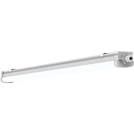 Langwerpige, witte lamp met afgeronde hoeken, bevestigd aan een beugel.