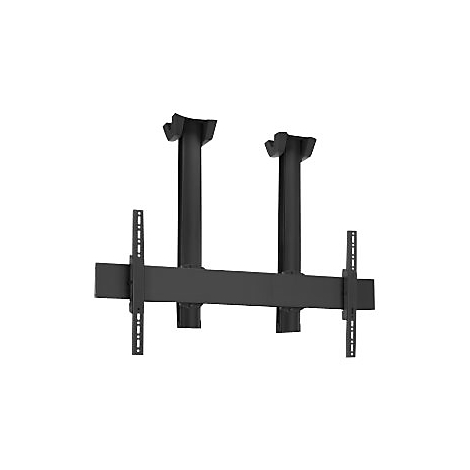 Schwarze Deckenhalterung für einen Fernseher. Besteht aus zwei Säulen mit Halterungen, einer horizontalen Stange und zwei Halterungen für den Fernseher.