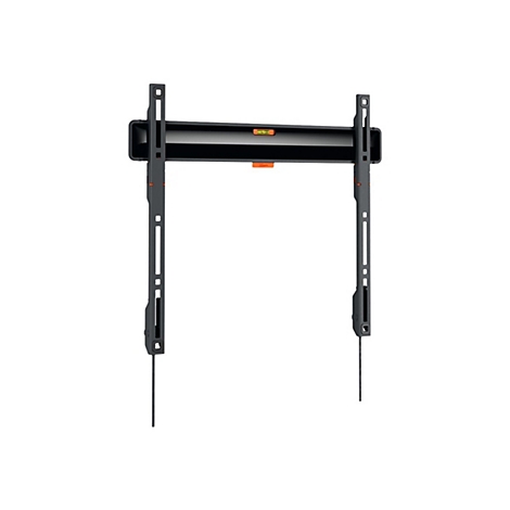 Schwarze TV-Wandhalterung, mit Wasserwaage und Montagepunkten vor weißem Hintergrund.