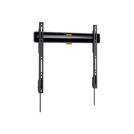 Schwarze TV-Wandhalterung, mittig auf weißem Hintergrund platziert. Orangefarbene Details heben sich ab.