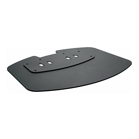 Schwarze, gebogene Metallplatte mit eingelassenen Aussparungen. Darüber eine kleinere Platte mit Löchern.