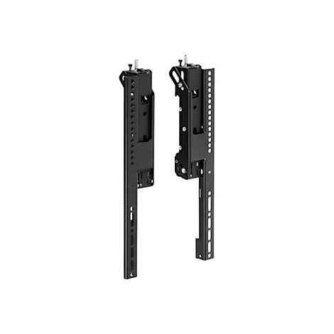 Zwei schwarze Halterungen für eine Wandmontage, nebeneinander, mit Löchern und Einkerbungen. Sie stehen vor weißem Hintergrund.