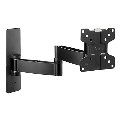 Schwarze TV-Wandhalterung mit beweglichem Arm und Montageplatte fÃ¼r den Fernseher. Auf weiÃŸem Hintergrund.