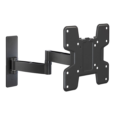 Schwarze TV-Wandhalterung, dreh- und neigbar. Besteht aus Wandplatte, beweglichem Arm und Halterung für den Fernseher.