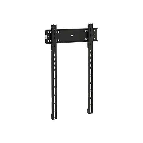 Schwarze TV-Wandhalterung, bestehend aus einem oberen Querteil mit Bohrungen und zwei vertikalen Schienen. Die Schienen sind mit Löchern versehen.