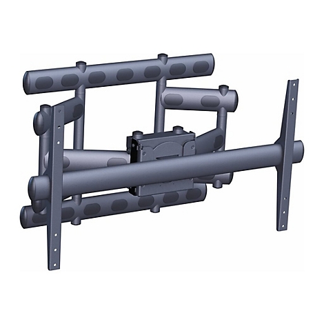 Graue TV-Wandhalterung, Detailansicht. Rohrförmige Konstruktion mit ovalen Vertiefungen, zwei Halterungen.