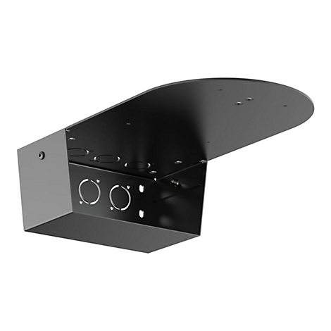 Schwarze, eckige Metallhalterung, von unten betrachtet. Runde Löcher und abgeflachte Oberseite, Details.