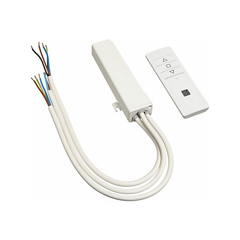 Weiße Fernbedienung und Empfänger für Rollläden mit Kabeln. Pfeiltasten und Firmenlogo auf der Fernbedienung.