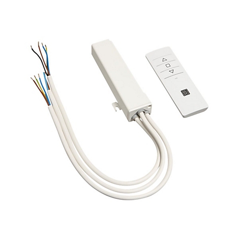 Kabelloser Rolladensteuerungssatz mit Fernbedienung und Empfänger, weiß. Drähte mit farbigen Enden.