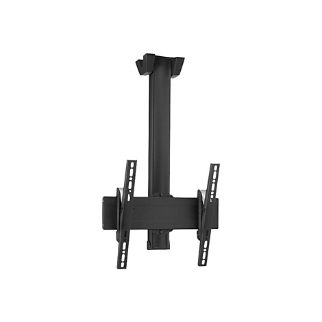 Schwarze Deckenhalterung für einen Fernseher. Das Produkt ist vor weißem Hintergrund abgebildet.