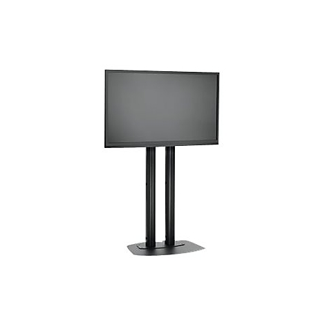 Ein schwarzer Flachbildschirm-Fernseher auf einem schwarzen Ständer mit zwei Säulen.